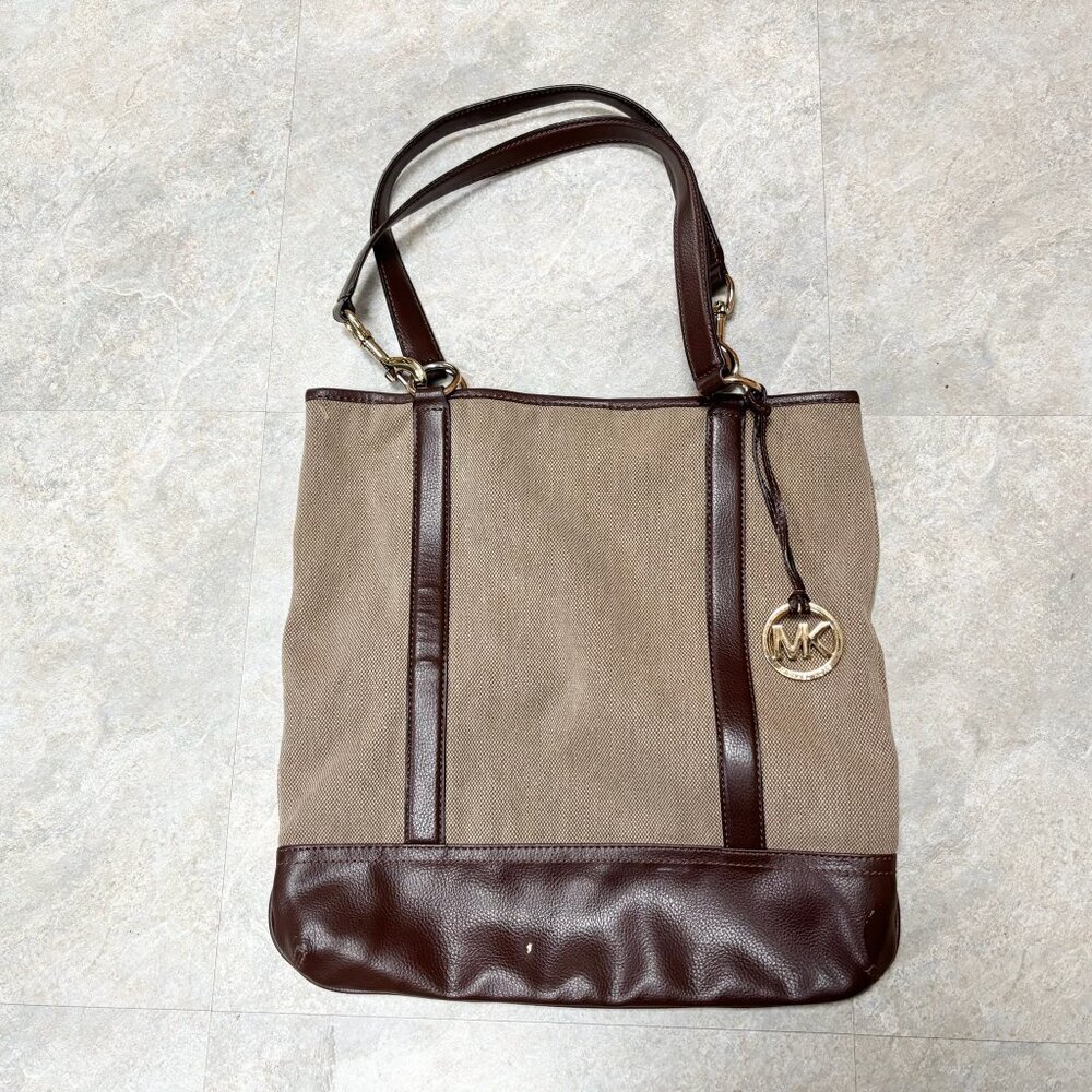 Michael Kors Tote Shoulder Bag, Leather Cotton Woven Gold Hardware 15.5" x 15.5"
